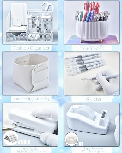 LXEVIHK 20Pcs White Desk Organizers and Accessories With Mesh Desk Organizer and 360°Rotating Pen Holder and a Lot of Office White Office Supplies Beautifully Presented in a Gift Box - color: white