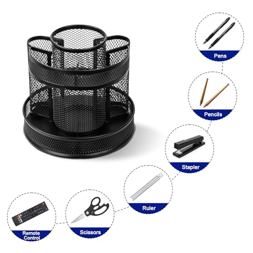 Comix 360° Rotating Pen Holder for Desk, 9 Compartments Office Desk Organizer, Black Mesh Metal Pencil Holder Cup for Office Home School - color: B2051