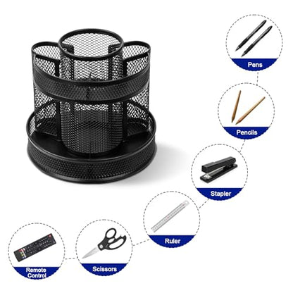 Comix 360° Rotating Pen Holder for Desk, 9 Compartments Office Desk Organizer, Black Mesh Metal Pencil Holder Cup for Office Home School - color: B2051