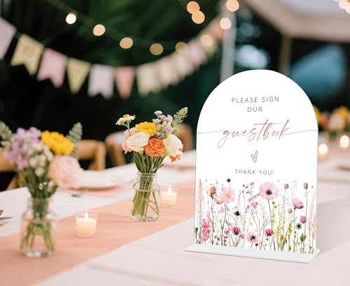 Pink Flower Please Sign Our Guestbook Sign, Wedding Guest Book Alternative, Bridal Shower Centerpieces, Wedding Reception Decorations, Acrylic Arch Bridal Shower Signs With Base-12 - color: Please Sign12
