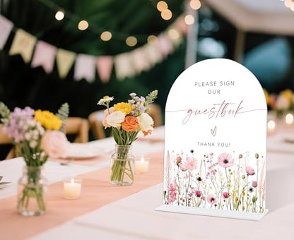 Pink Flower Please Sign Our Guestbook Sign, Wedding Guest Book Alternative, Bridal Shower Centerpieces, Wedding Reception Decorations, Acrylic Arch Bridal Shower Signs With Base-12 - color: Please Sign12