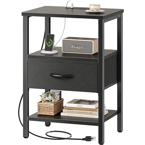 SUPERJARE Nightstand with Charging Station, Bed Side Table with Adjustable Fabric Drawer, Night Stand for Bedroom, 3-Tier Storage End Table, for Living Room, Black - color: Black, size: M (11.8"D x 15.7"W x 23.4"H)