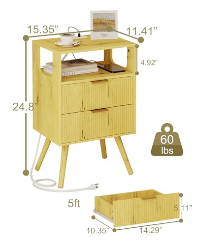 JOONEE Nightstand with Charging Station and LED Lights,Modern Bedside Table with 2 Storage Drawer and Open Wood Shelf, for Bedroom and Small Spaces,Night Stand with Solid Wood Legs (Yellow Oak) - color: Yellow Oak