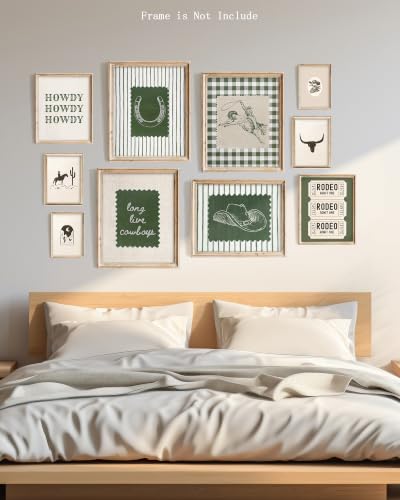 Vodefoad Western Prints, Boys Room Wall Art Canvas Print Set of 10, Vintage Cowboy Gallery Wall Set, Green Gingham Stripe Nursery Poster Decor Retro Rodeo Aesthetic- Unframed - color: Green Cowboy, size: 14L" x 11W"