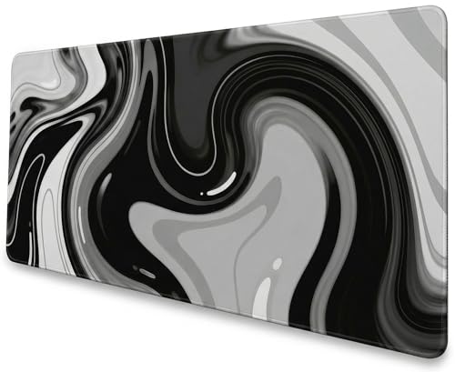 Large Black Grey Liquid Mouse Pad, Extended XL Gaming Desk Pad with Non-Slip Rubber Base, Stitched Edges, Waterproof Surface for Keyboard and Computer 35.4x15.7 inch
