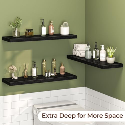 Fun Memories Floating Shelves for Wall 32 Inch Set of 3, Farmhouse Floating Shelves with Invisible Heavy Duty Bracket, 10 Inch Deep Bathroom Shelves for Storage, Living Room, Kitchen, Decor, Black - color: Black, size: 32"W x 10"D - 3P