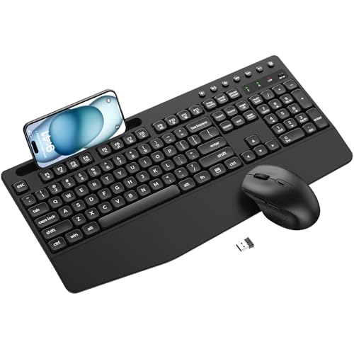 Wireless Keyboard and Mouse Combo with Palm Rest, Phone Holder, Full-Size Quiet Wireless Ergonomic Keyboard and Mouse, Comfortable Natural Typing Compatible for Windows, Laptop, Mac, PC - color: Black Graphite