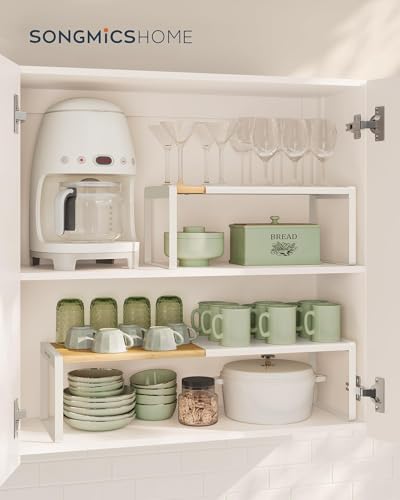 SONGMICS HOME Spice Rack, Expandable Cupboard Shelf Orgnizer, Kitchen Counter Shelf, Bamboo and Metal, Space-Saving Shelving, Stackable, Light Bamboo and Cream White UKCS052W01 - color: Light Bamboo + Cream White, size: 1 Pack