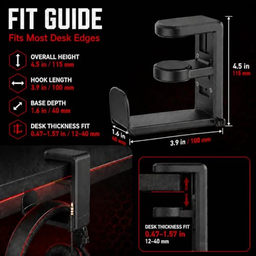 Clamp-On Under Desk Headphone Hanger, 360° Rotating Hook with Cable Clip, No Adhesive No Drill, Gaming & Office Desk Headset Organizer Black