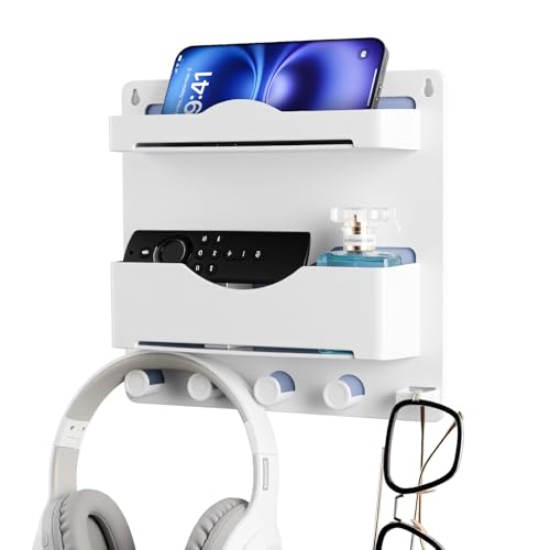 Bedside Wall Shelf with Glasses Hooks, Adhesive Bedside Organizer Wall Mount for Dorm and Room Accessories Phone，Remote，Earphone， Kindle (White) - color: White