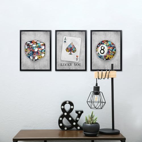 Kalormore Framed Stylish 8 Ball Wall Art Graffiti Canvas Picture Vintage Ace Cards Poster Prints Artwork Aesthetic Game Room Decor 12"x16"x3pcs