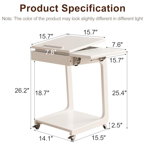 Solid Wood C Shaped End Table for Couch,White C Table with Wheels,Rolling Side Table with Storage,Couch Desk with Adjustable Desktop,Rolling Tv Tray with Folding Shelf,Modern Couch Table - color: White