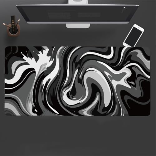 Large Gaming Mouse Pad - Black and White Mouse Pad with Stitched Edges, Extended XL Mousepad with Anti-Slip Rubber Base, Ink Liquid Wave Desk Mat for Keyboard and Mouse(31.5x15.8 inch) - color: Black & White Abstraction, size: 31.5L x 15.8W inches