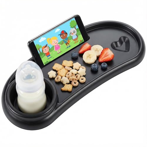 Li&Zhao Universal Stroller Snack Tray 3-in-1 Detachable Stroller Snack Tray Attachment with Secure Phone Holder, Spill-Proof Cup Holders Compartments, Easy-Clean Universal Snack Tray for Stroller - color: C-Black