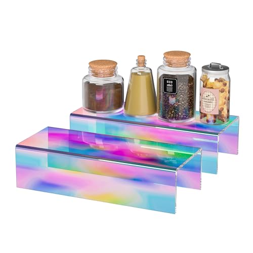 Sezanrpt Acrylic Shelf Riser 12x4.7x3 pack of 2, Iridescent Desktop Rectangular Acrylic Tray Pedestal Stand for Funko Pop Figure, Bags, 12x4.7x3 Inch - color: Iridescent, size: 12x4.7x3 Inch