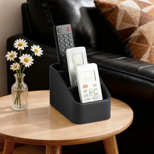 PU Leather Remote Control Holder, Small Desk Organizer Office Supply Bedside Caddy for Nightstand End Table Couch, Pen Remote Organizer with 3 Compartments (Black) - color: Black