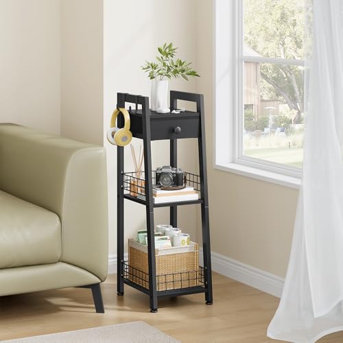 Gewudraw 3-Tier Narrow Ladder Shelf with Drawer, Bathroom Table Stand for Small Space, Narrow Bathroom Standing Shelves with Storage for Living Room Bedroom Kitchen, Black - color: Black, size: 3 Tier Narrow