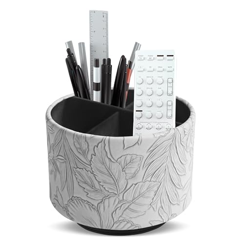 Round Leather Art Supply Organizer,Remote Control Holder,360 Degree Spinning,Multi-Functional Pencil Holder,4 Compartments Desktop Stationary Organizer(1-Carved Grey) - color: 1-Carved Grey