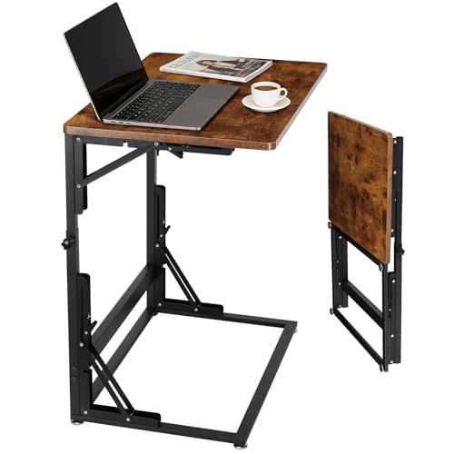 Folding Side Table, Adjustable C-Shaped End Table for Couch, Metal Frame TV Tray Table for Sofa Living Bedroom Bedside Coffee Small Spaces (Brown, 23.6" L x 15.8" W) - size: 23.6"L x 15.8"W