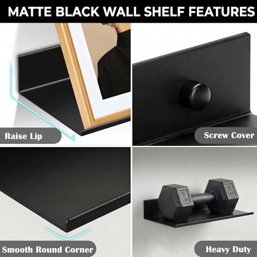 Z metnal 2 Pack 6 Inch Metal Floating Shelves with Safety Lip, Small Wall Mounted Shelf Holds Up to 5 Lbs, Matte Black Lightweight Display Ledge with Hidden Screw Caps for Bathroom, Bedroom - color: Black, size: 6 inch (2 Pack)