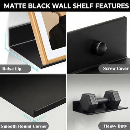 Z metnal 2 Pack 6 Inch Metal Floating Shelves with Safety Lip, Small Wall Mounted Shelf Holds Up to 5 Lbs, Matte Black Lightweight Display Ledge with Hidden Screw Caps for Bathroom, Bedroom - color: Black, size: 6 inch (2 Pack)