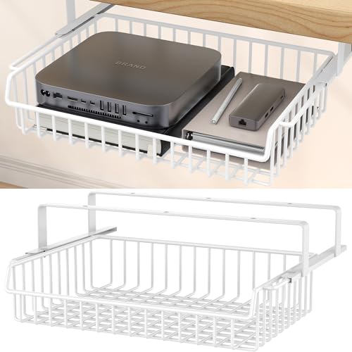 ENONCI Under Desk Drawer, Slide Out Design,No Drill Metal Under Desk Cable Management, Under Table Storage Shelf Tray Basket Under Table Drawer Organizer for Office, Home, Workspace, Cabinet - color: White