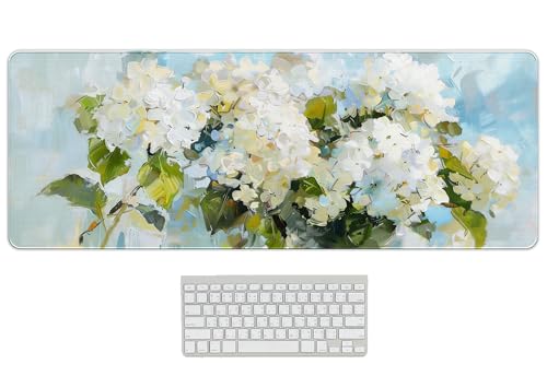 Hydrangea Decor Mouse Pad Flroal Desk Mat, Summer Flower Mouse Pad for Desk Large, Blue and White Long Desk Matt Aesthetic, Girly Office Accessories Hydrangeas Gifts for Women 31.5x11.8 - color: Summer Hydrangea, size: 31.5L x 11.8W inches