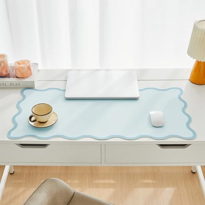 Blue Scalloped Desk Mat, 31.5" x 15.7", PU Leather, Waterproof Anti-Slip, Cute Aesthetic Desk Pad for Office/Home/Game - color: Blue
