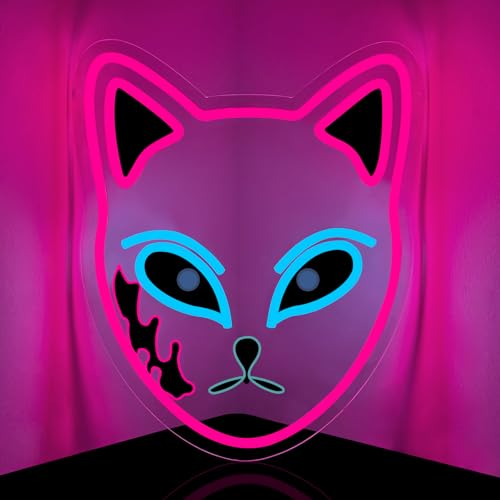 Anime Neon Sign, Japanese Led Neon Light Signs for Wall Decor Fox Face Light up Sign for Bedroom Game Room Party Decoration Birthday Gift for Girl Christmas Dimmable USB Powered(13.8"*11.4") - style: MASK PINK