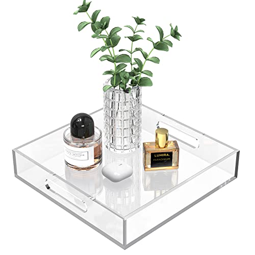 Home Decorative Coffee Table Tray, 10"x10" Elegant Acrylic Serving Trays with Handles Works for Eating, Breakfast, Makeup Drawer Organizer,Bathroom Vanity Table,Ottoman Tray, Clear - color: Clear