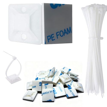 Strong Back-Glue Self Adhesive Cable Zip Tie Mounts Kit - 100 Set Cable Management Clips with 6" Zip Ties, Wire Holders - Outdoor Sticky Wire Organizer Clips - White - color: White