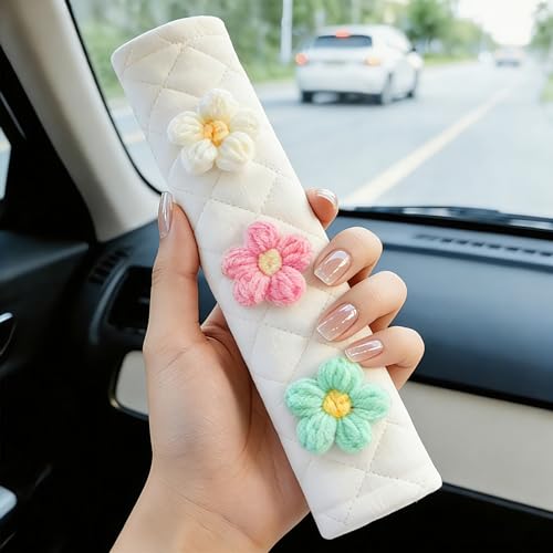 Amooca Soft Auto Seat Belt Cover Seatbelt Shoulder Pad Cushions 2 PCS for a More Comfortable Driving Universal Fit for All Cars and Backpack Off-White Knitted Flower (Green & Pink) - color: Green Pink White Flower