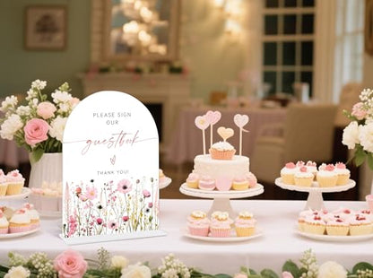 Pink Flower Please Sign Our Guestbook Sign, Wedding Guest Book Alternative, Bridal Shower Centerpieces, Wedding Reception Decorations, Acrylic Arch Bridal Shower Signs With Base-12 - color: Please Sign12
