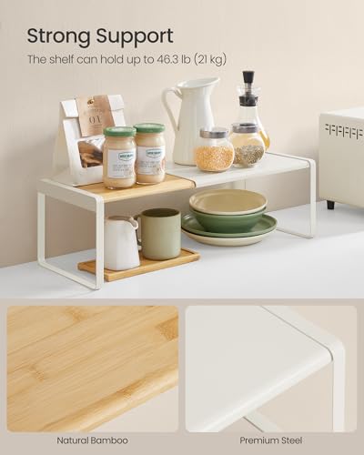 SONGMICS HOME Spice Rack, Expandable Cupboard Shelf Orgnizer, Kitchen Counter Shelf, Bamboo and Metal, Space-Saving Shelving, Stackable, Light Bamboo and Cream White UKCS052W01 - color: Light Bamboo + Cream White, size: 1 Pack