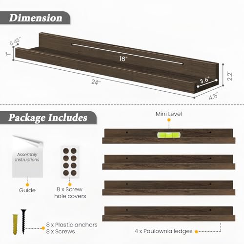 Forbena 24 Inch Floating Picture Ledge Shelf Set of 4, Wooden Picture Shelf for Wall with Ledge for Living Room Bedroom, Dark Wood Wall Shelves with Lip Edge for Photo Frames Display (Rustic Brown - color: Dark Brown, size: 24 Inch