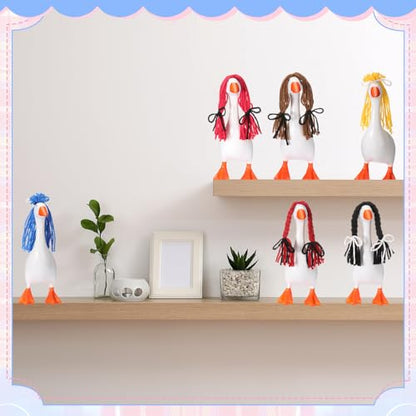 Suncalla 6 Pcs Mini Desk Goose Wigs Hand Knitted Goose Outfits 7'' Desk Geese Braid Accessories Wig Crochet Hook Wig for Xmas Gift 7 Inch Geese Figurine Desktop Home Decoration