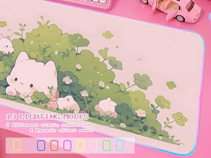 JMIYAV Pink RGB Gaming Mouse Pad 31.5x12 Inch PC XL Large Extended Glowing Led Light Up Desk Pad Non-Slip Rubber Base Computer Cute Mousepad Mat Desk Accessories Gaming Setup Hidden Cat - color: Hidden Cat