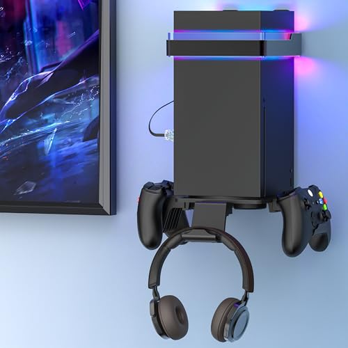 Wall Mount for Xbox Series X/S-Wall Mount Kit with 2 Controller Holder &1 Headset Stand & RGB Light, Xbox series X/S Wall Mounted Bracket Shelf Stand- Safely Organize Your Xbox X/S Series Accessories - color: Grey