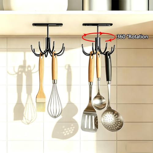 Metal Under Cabinet Kitchen Utensil Hooks,360° Rotating Kitchen Utensil Rack with 8 Hooks,Drilling Free Adhesive Utensils Hanging Rack for Tools/Towel/Knife (Black) - color: Metal-black
