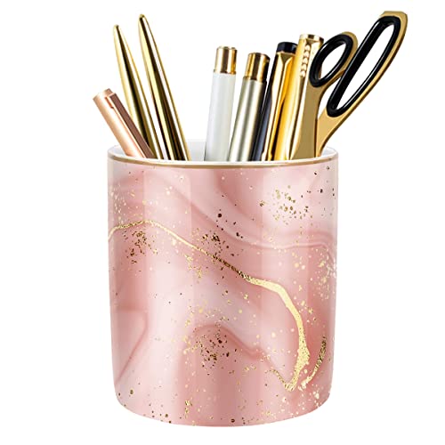 Large Capacity Colored Pen Holder for Desk, Ceramic Pencil Holder Pen Cup Marker Holder Makeup Brush Holders, Desk Accessories & Workspace Organizers for Home, Office, Red Marble - color: Red Marble 02