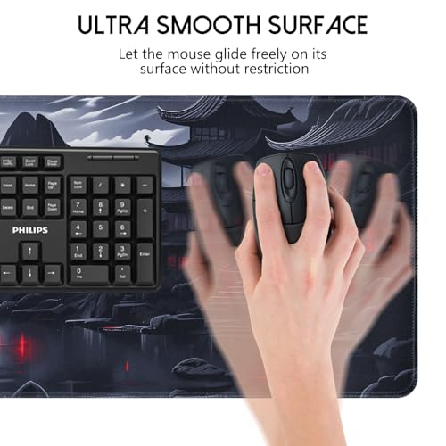 FreeNook Large Gaming Mouse Pad, Anime Black Mousepad with Stitched Edges, Expanded Cool Desk Mat, Japanese Red Moon XL Keyboard Mat Suitable for Home Office,31.5 X 13.8 Inch - color: RedMoon, size: 31.5L x 13.8W inches