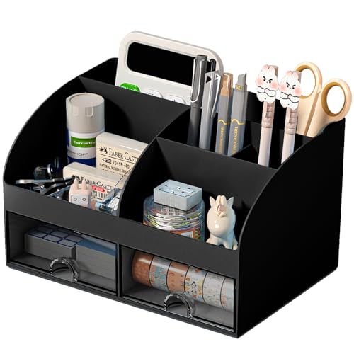 COMFYROOM Desk Organizer with 6 Compartments and 2 Drawers, Plastic Makeup Organizer, Pen Holder for Desktop Storage, Desk Organization for School, Home, Office Supplies (Black) - color: Black
