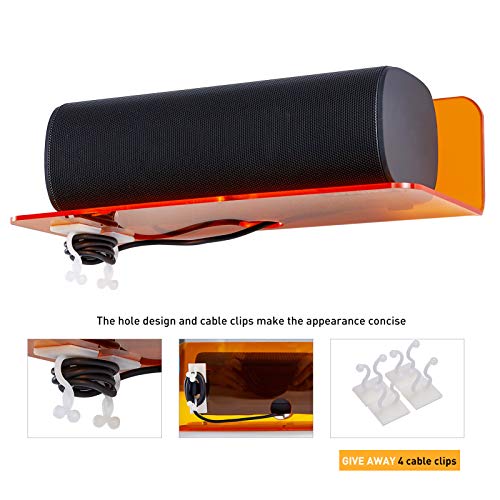 OAPRIRE Small Acrylic Floating Wall Shelves Set of 2, Flexible Use of Wall Space, 9 Inch Adhesive Display Shelf for Security Cameras/Smart Speaker/Action Figures, with Cable Clips - Clear Orange - color: Orange