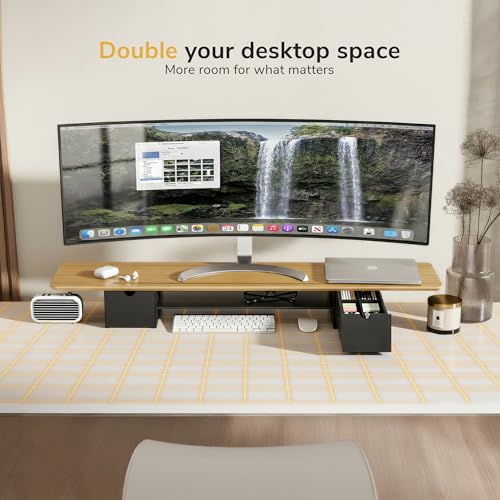 Mount-It! Extra Wide 39" Real Solid Bamboo Dual Monitor Stand Riser, 2 Metal Drawers + Shelf, 66 lbs, Built-In Device Slot, Home Office Desk Organizer