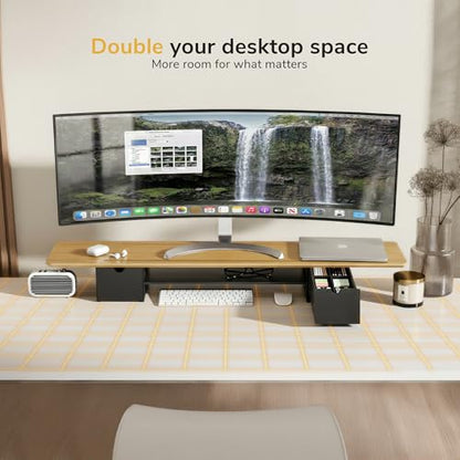 Mount-It! Extra Wide 39" Real Solid Bamboo Dual Monitor Stand Riser, 2 Metal Drawers + Shelf, 66 lbs, Built-In Device Slot, Home Office Desk Organizer
