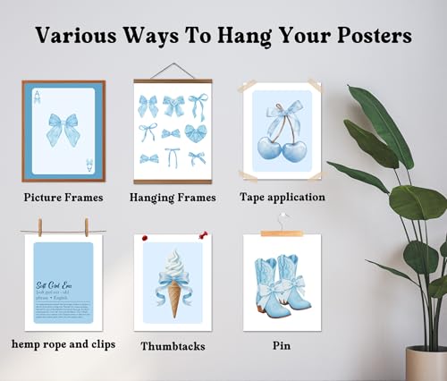 Isfvqyub Preppy Blue And White Cherry Wall Art, Aesthetic Cowgirl Boot Poster For Cowgirl Cowboy, Trendy Coquette Bow Ice Cream Wall Decor For Bedroom Dorm College Apartment, Set Of 6 -A08 - size: Blue And White Cherry