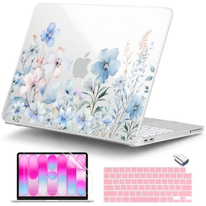 DONGKE Compatible with MacBook Neo 13 Inch Case 2026 A3404 A18 Pro chip & Touch ID, Plastic Hard Shell with Keyboard Cover, Screen Protector & Dust Plugs, Blue Flowers - color: Blue Flowers