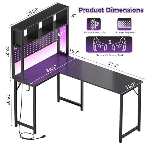 Small Black L Shaped Gaming Desk with Hutch , 47 Inch Corner Gaming Desk with Storage Shelves for Bedroom Small Space, Reversible L-Shaped Computer PC Desks with Pegboard LED Light for Kids Boys Girls