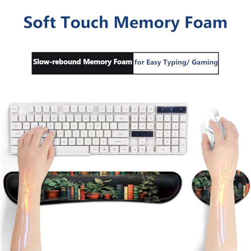 Large Mouse Pad + Keyboard Wrist Rest Set, Extended Gaming Mousepad (31.5X11.8 inch) with Non-Slip Rubber, Ergonomics Memory Foam Mouse Wrist Rest Support, Bookshelf Plants Pattern XXL Desk Pad - color: Yu-Mouse Pad-3-B41