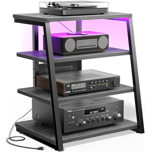 Besiost AV Media Stand with Outlets, Media Console with LED Lights, Stereo Racks and Stands with Storage Shelves, Media Audio Tower Stand, Light Grey Walnut - color: Grey Walnut